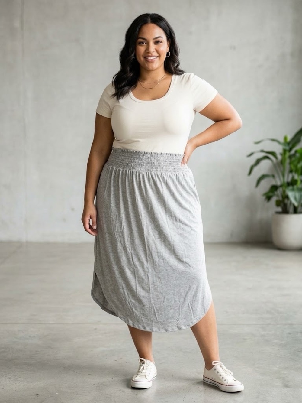 HEIMISH USA Cream Top with Light Gray Midi Skirt